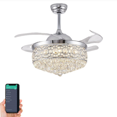 48 Inches Dimmable Fandelier Crystal Ceiling Fans With Lights And Remote, Invisible Retractable Blade Chandelier Ceiling Fan For Bedroom Living Room Dining Room-Polished Chrome