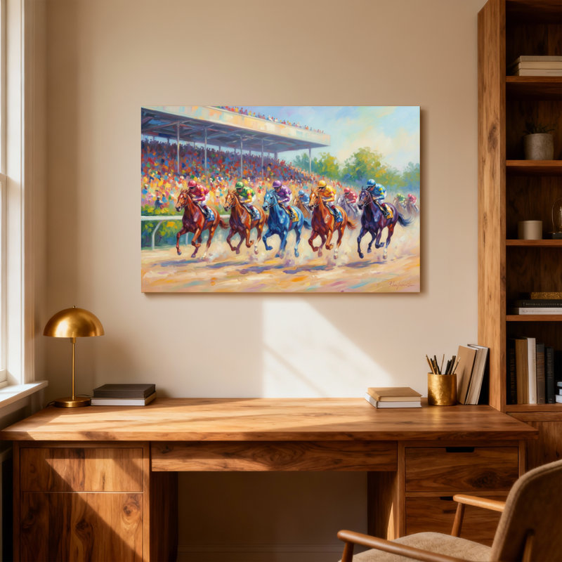 Paysage et nature, course de chevaux avec des jockeys et une foule, H 12 po x l 18 po
