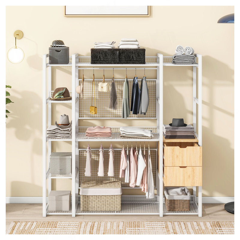 Armoire ouverte avec rails suspendus, tablettes et tiroirs, blanc