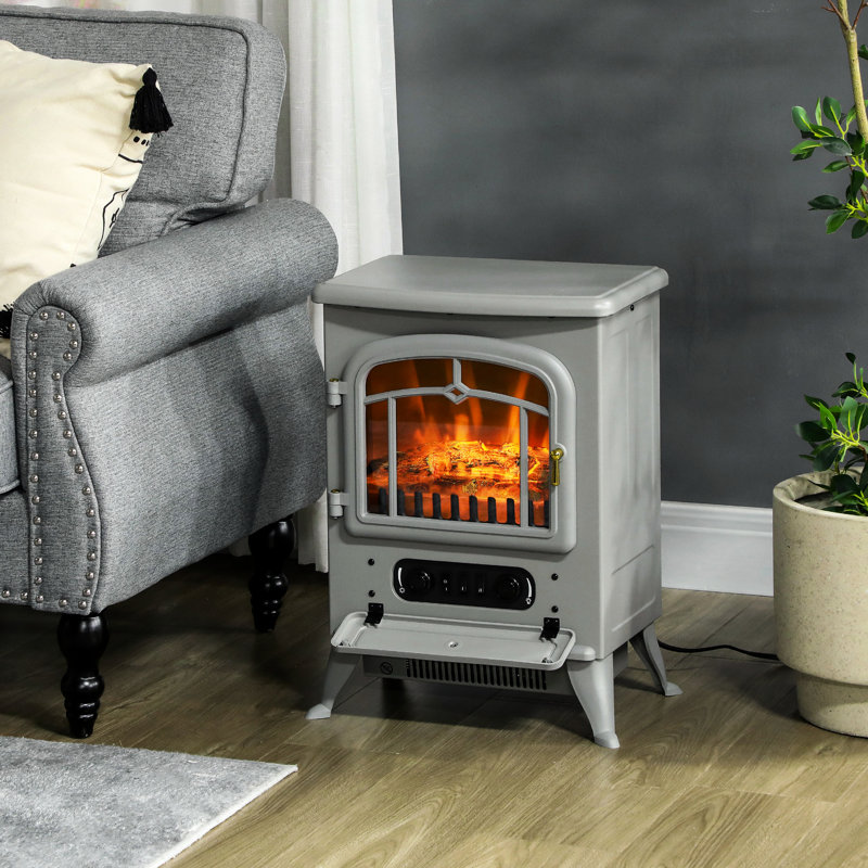 Foyer électrique de 22 po, gris - 750 W / 1500 W, flammes et bûches réalistes, protection contre la surchauffe, autoportant pour une chaleur de 216 pi2