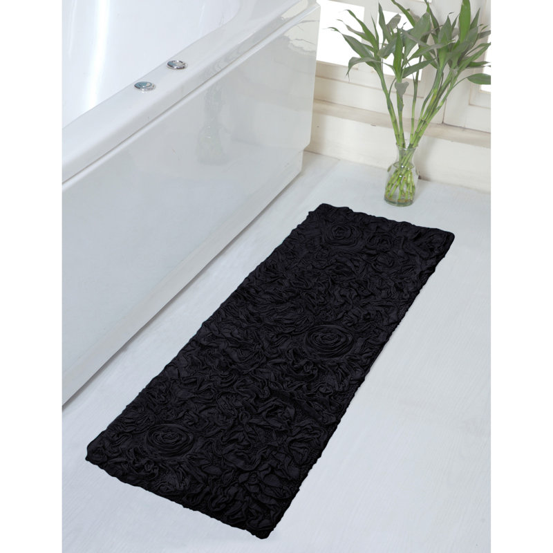 Schoenberger Floral Design Cotton Bath Rug, 54" L x 21" W, Black