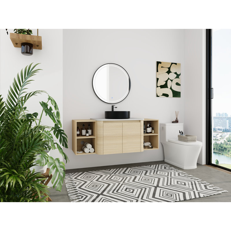 Meuble-lavabo double 54 po (pleine longueur) 54 po - 5 options de couleur de lavabo (blanc) + armoire en bois clair (type B)