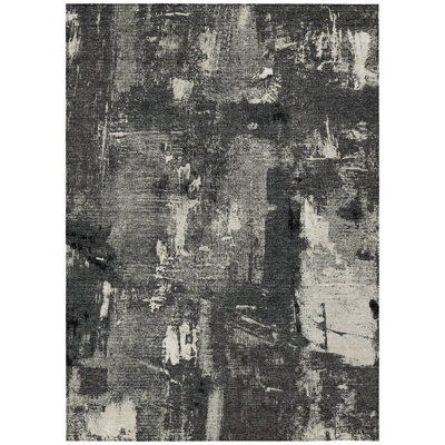 8' X 10' Black Gray And Ivory Abstract Washable Indoor Outdoor Area Rug