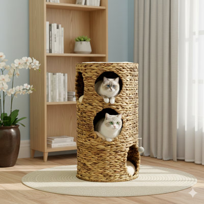 Lit surélevé pour chat avec trois cachettes dissimulées et quatre coussins moelleux moelleux, tour pour chat fabriquée avec des matériaux tissés à la main, grottes de couchage à plusieurs niveaux pour chatons