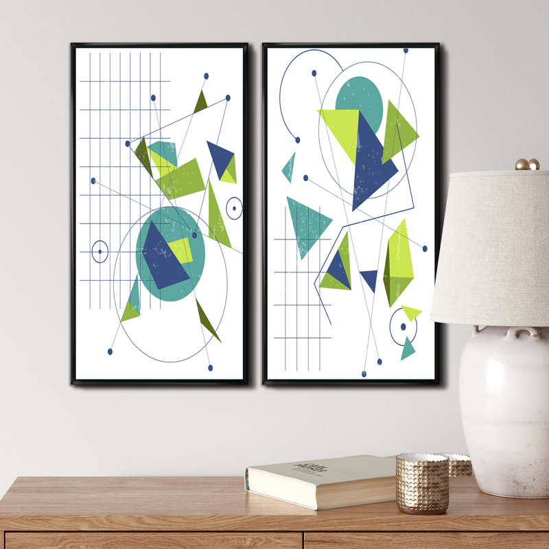 2 pièces, peinture - rétro vert et bleu minimaliste, H 32 po x l 32 po x P 1 po, Toile avec cadre noir