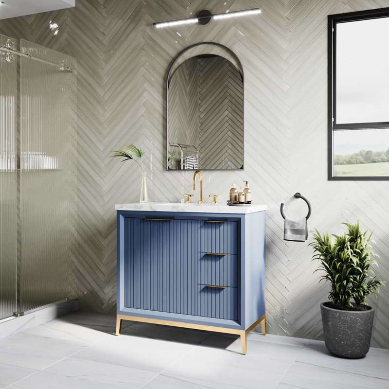 Bungalow 36" Freestanding Standard Single Bathroom Vanity with Top, Gold/Navy Blue