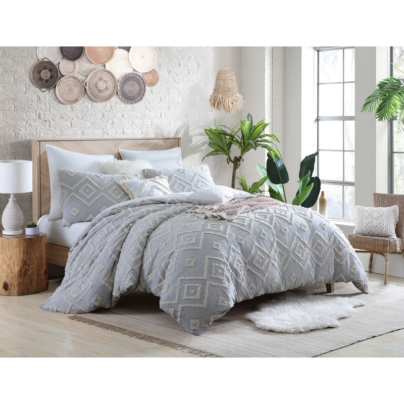 Rukai 100% Cotton Diamond Clip Jacquard 3D Fringe Texture 5-Piece Comforter Set, Light Grey