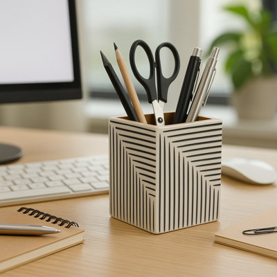 Decorative Ridged Lines Desk Organizer For Home Decor - Cute Fuctional Destop Accessory For Bedroom, Bathroom, And Kitchen Storage - 4", Black