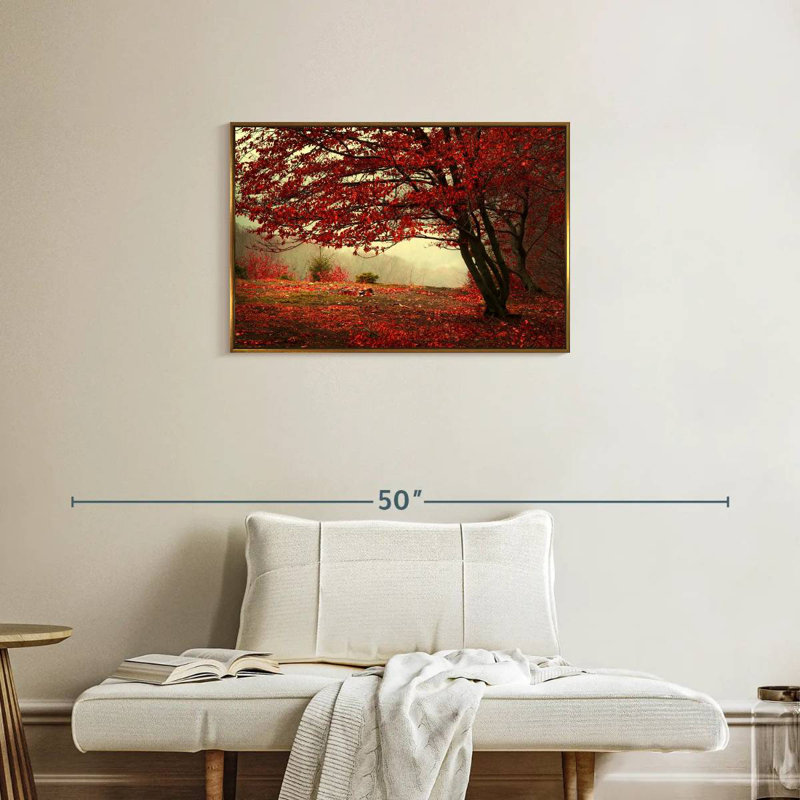 Arbre rouge en automne, Cadre flottant doré, 31 po x 21 po