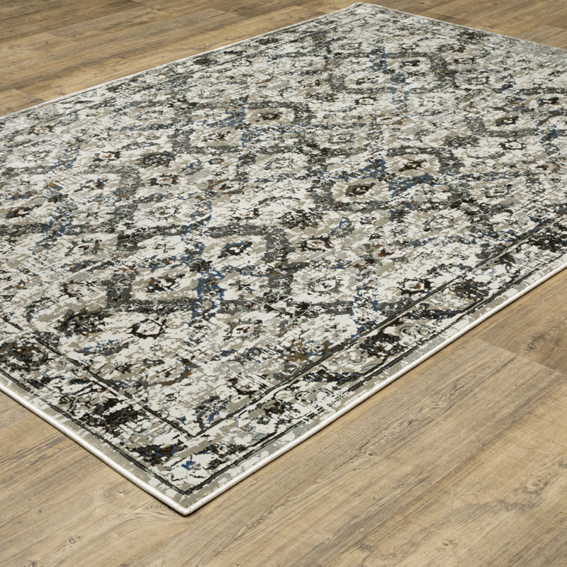 Tapis oriental en polyester tissé à la machine en gris, Rectangle 3 pi 10 po x 5 pi 5 po