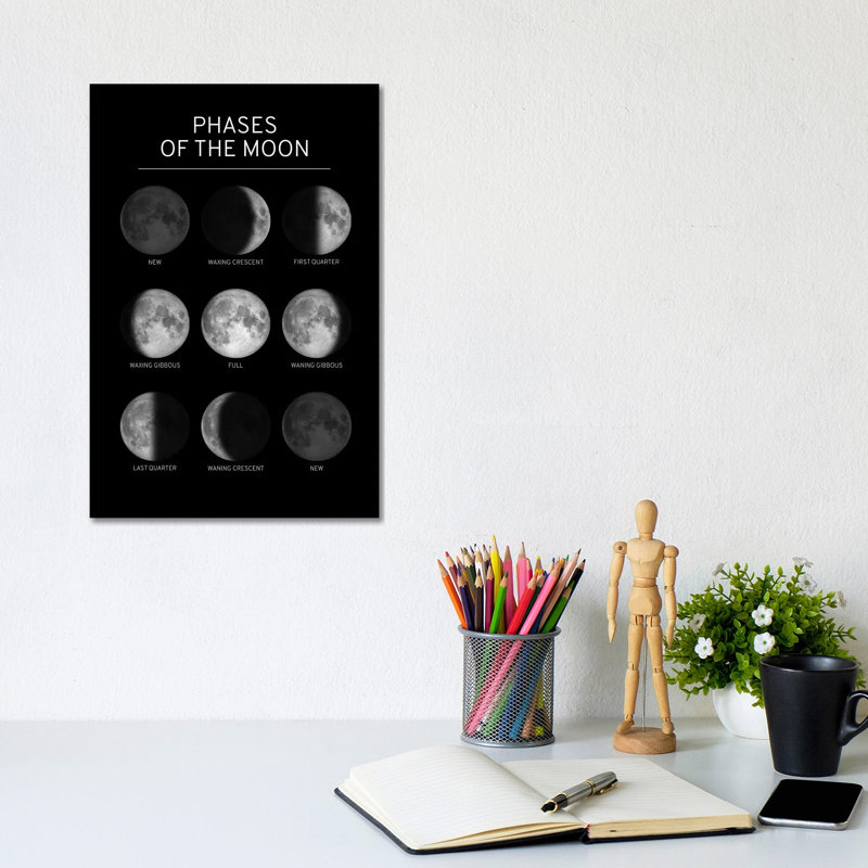 Phases Of The Moon Chart - Black by GetYourNerdOn - Wrapped Canvas Print, 20.32 cm H x 30.48 cm W