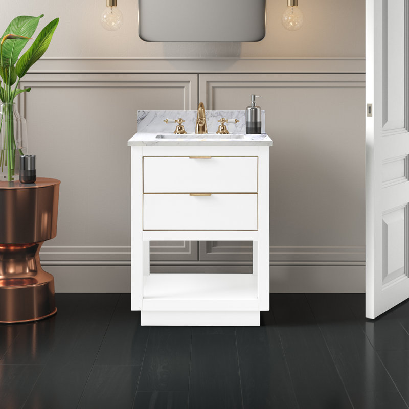 Allie 24" Single Bathroom Vanity with Carrara Marble Top, Carrara White Marble/Gold, White