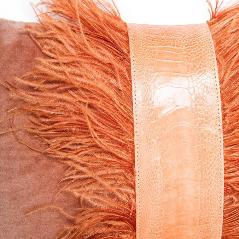 Velvet Lumbar Pillow w/ Feather Trim, Peach