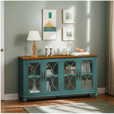Armoire élégante à 4 portes de style européen antique avec portes en verre trempé, pour salle à manger, salon, couloir, assemblage facile, vert foncé