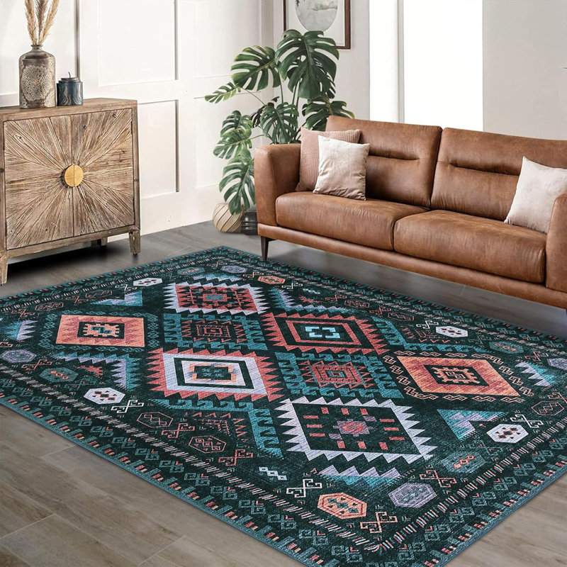 Area Rug Machine Washable Non-Slip Low Pile Geometric Print Pattern Western Easy-Cleaning Rug for Living Room Bedroom Nursery Entryway