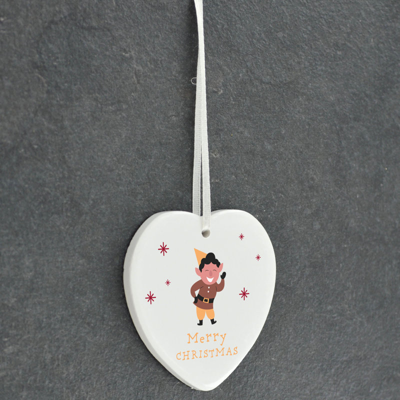 Xmas Merry Christmas Elf Heart Shaped Ceramic Ornament