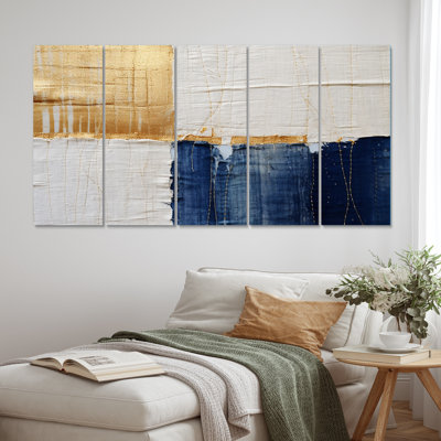 A Touch of Gold and Kings Blue - Art mural abstrait sur toile - 5 panneaux égaux
