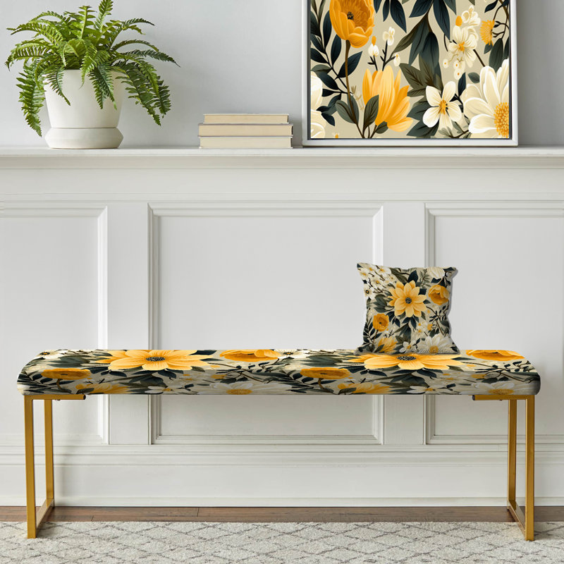 Retro Floral Revival Botanical Pattern - Botanical Upholstered Gold Bench