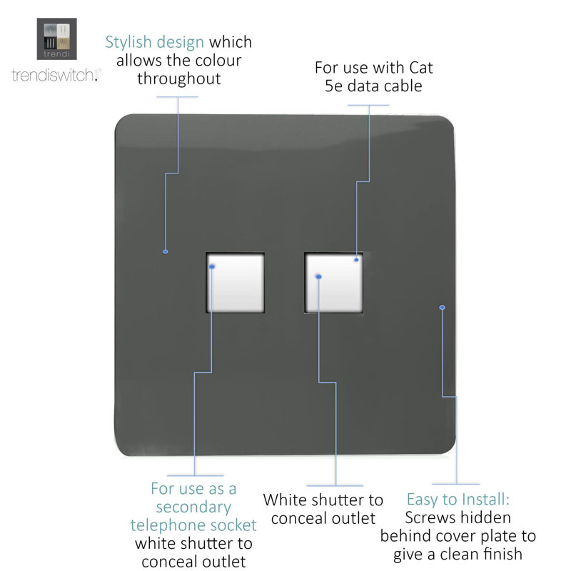 Trendi Switch 2 Gang RJ45 Cat 5e PC Ethernet & Telephone Sockets, Charcoal