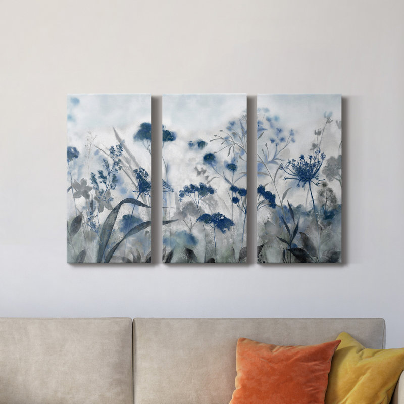 Indigo Inky - peinture sur toile tendue 3 pièces, H 18 po x l 36 po x P 1 po