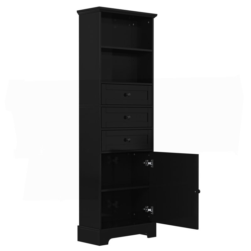 Black Tall Storage Cabinet With 3 Drawers And Adjustable Shelves For Bathroom, Study, Office And Interior, MDF Board With Painted Finish