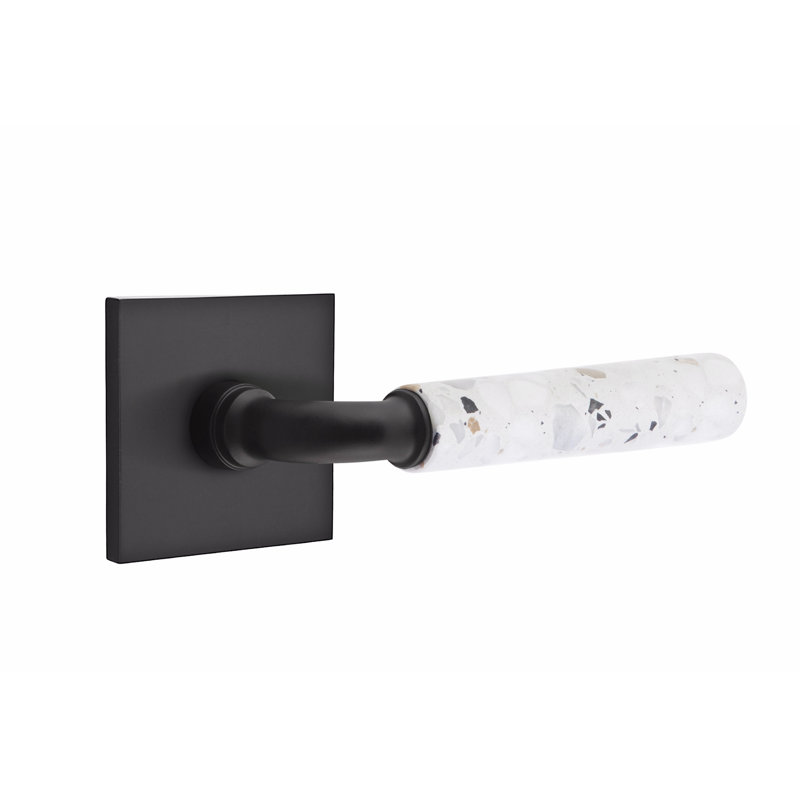 Emtek Select Privacy Leverset, Square Rosette, R-Bar Stem, White Marble Handle, LH, Right, Flat Black/Light Terrazzo