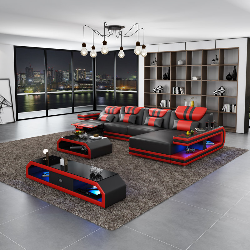 Lightspeed Sectional, Right Hand Facing, Black/Red Genuine Leather