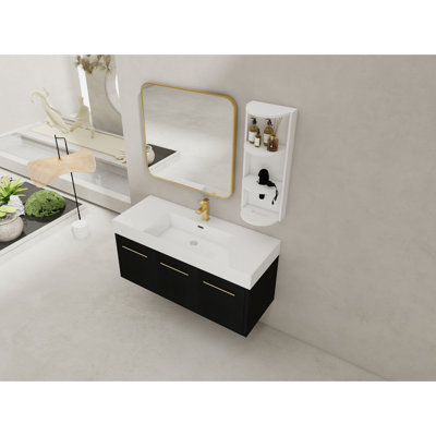 Wall - Mounted Bathroom Vanity Featuring 48 Inch Cabinet, Thick Edged Resin Basin, Three Tier Storage Rack, Water Plywood Black Chestnut With Sink And Soft Closing Hinges, Modern Design