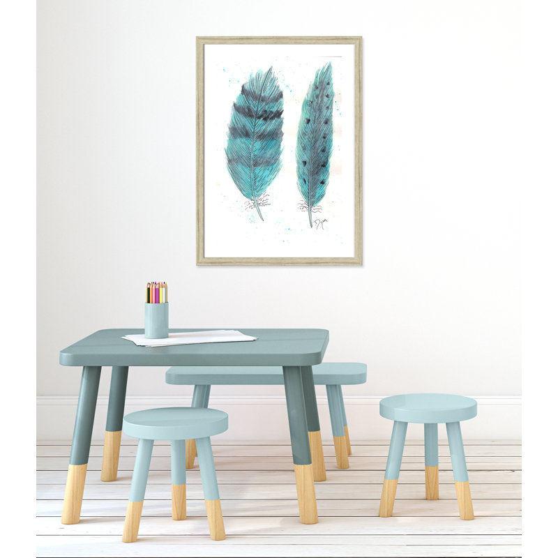 «Feathers in Turquoise II», art encadré, H 36,5 po x l 26,5 po x P 0,6 po, Encadrement beige
