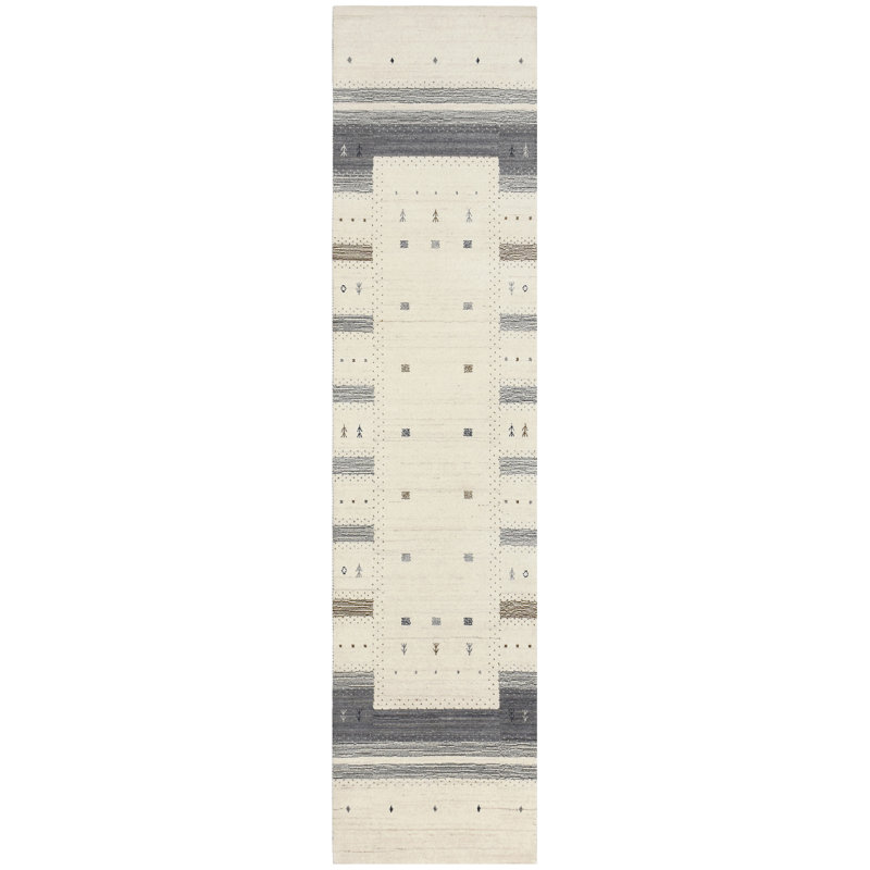 Hand Knotted Wool Striped Area Rug in Natural/Taupe/Gray, Runner 2'6" x 10'