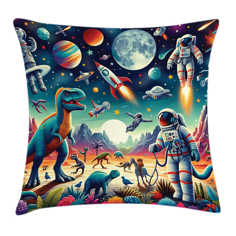 Ambesonne Throw Pillow Cushion Cover Surreal Astronaut Moon Multicolor Teal Red, 18"H x 18"W, Square