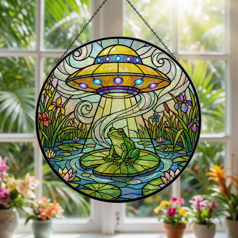 Panneau de vitrail en verre coloré 7,8 "H Frog Ufo, H 7,8 po x l 7,8 po