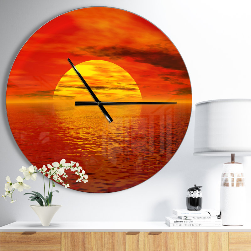 Soleil tombant sur l'océan jaune - horloge murale moderne, Moyen