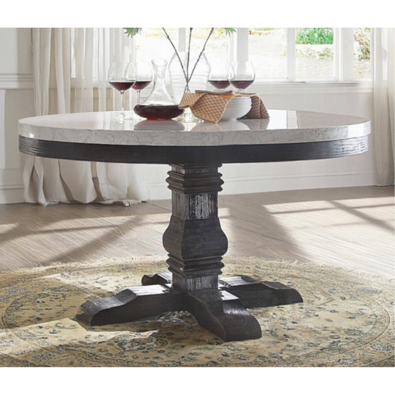 Exquisite Round Dining Table With Marble Top And Distressed Oak Base