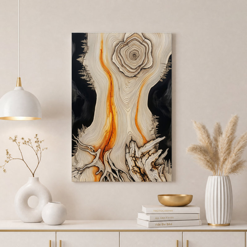 Tableau sur toile représentant un tronc d'arbre vertical aux stries oranges, H 18 po x l 12 po