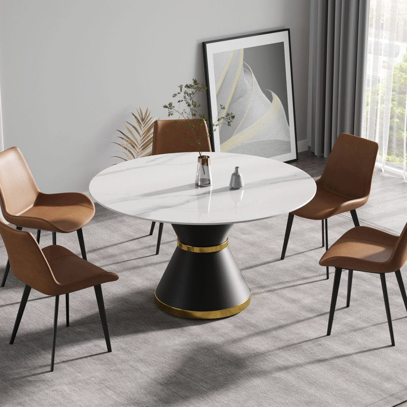 Table de salle à manger moderne 53,15 po en pierre artificielle ronde en acier au carbone noir pouvant accueillir 6 personnes