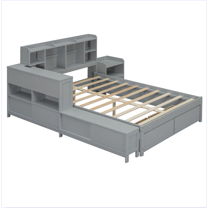 Lit plateforme double en bois avec espace de rangement multifonctionnel, table de chevet, 2 tiroirs, ports USB et bureau
