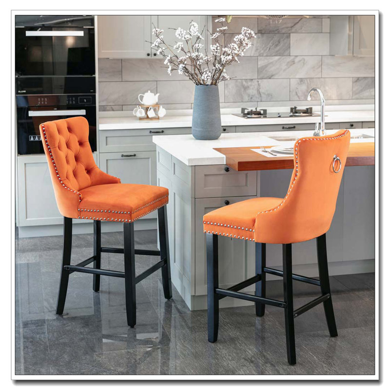 Tabourets de bar rembourrés en velours avec décoration capitonnée et pieds en bois, Noir, Orange