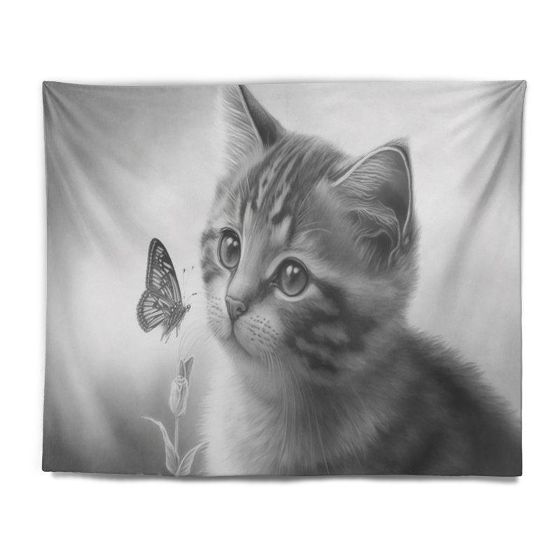 Dessin numérique en polyester d'un petit chaton avec une tapisserie papillon I, H 32 po x l 39 po