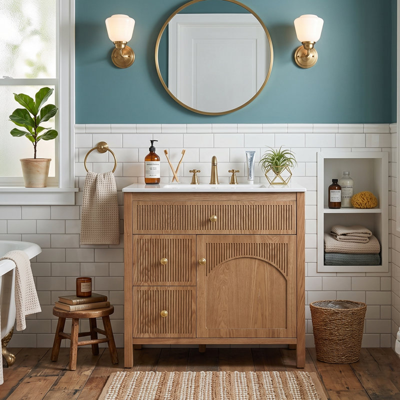 Armoire de meuble-lavabo 30 po Farmhouse, placage en bois d'acacia avec tiroirs profonds et portes à chevrons (naturel)