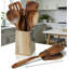 11-Piece Teak Wooden Utensil Set For Cooking With Holder - Natural Solid Teak Wood Spatulas, Spoons & Kitchen Tools - Sturdy, Heat Resistant & Lightweight For Daily Use