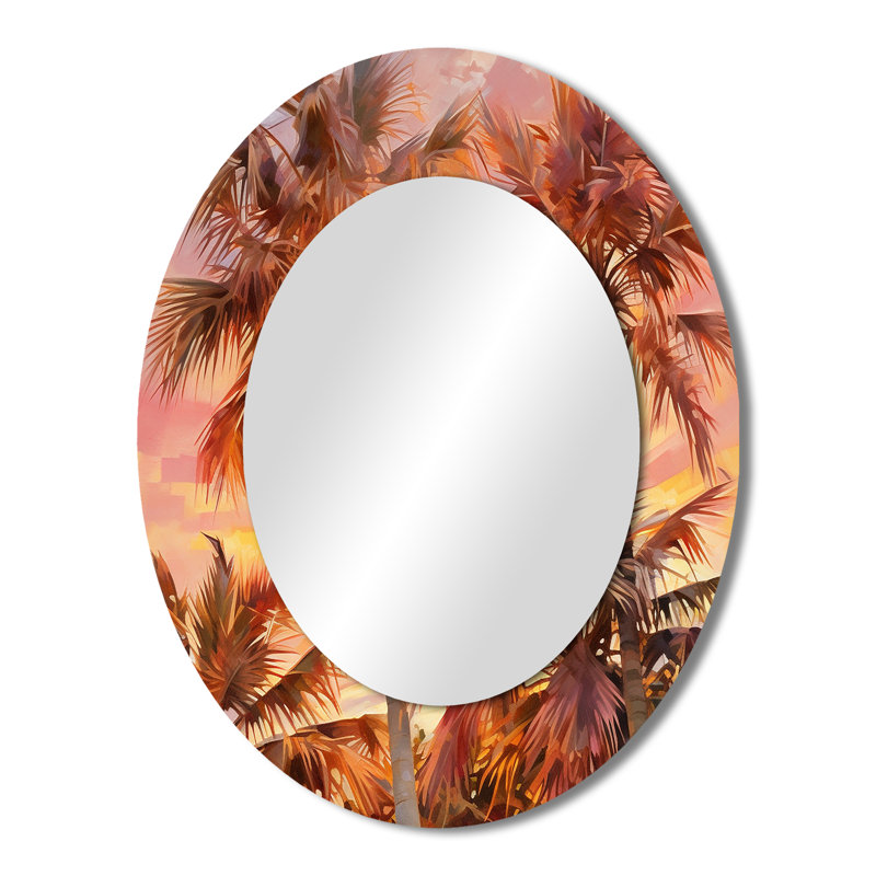 Rose Radiance Sunset Palm Trees I - Large Oval Wall Mirror On Metal, 43" H x 33" W