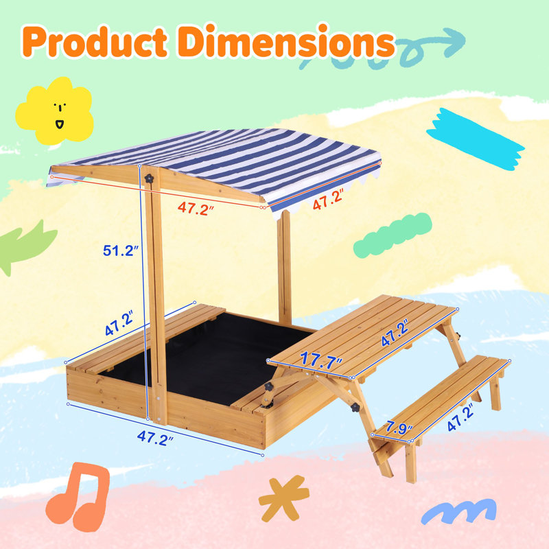 Kids Wooden Sandbox with Adjustable Canopy, Large Sand Pit with Foldable Picnic Table, Outdoor Sand Box with Lid and Upgrade Retractable Roof
