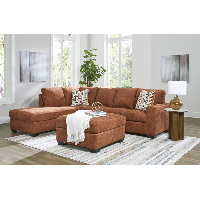 Canapé modulaire 2 pièces avec méridienne Kleban, Polyester orange, Orienté à gauche (vu de face)