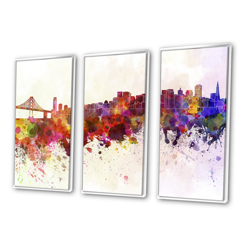 San Francisco Skyline - 3 pièces, cadre flottant, impression sur toile, L 36 po x H 28 po, Cadre blanc