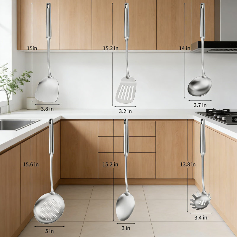 Ensemble d'ustensiles de cuisine 6 pièces en acier inoxydable avec spatule, louche, écumoire, cuillère à spaghetti et cuillère de service - Conception allant au lave-vaisselle et aux poignées ergonomiques