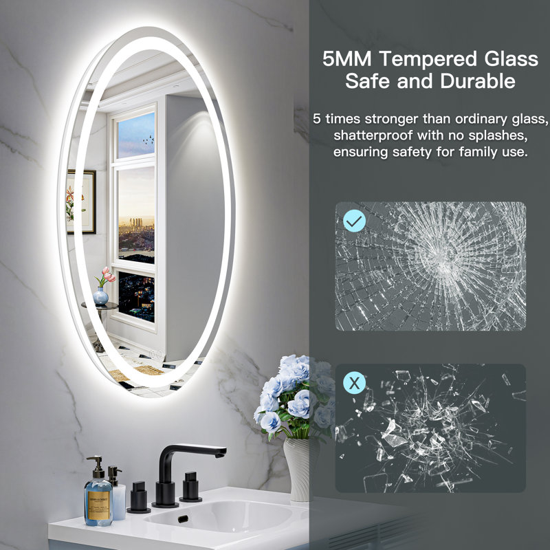 Oval Bathroom LED Mirror with Frontlit & Backlit, Anti Fog Lighted Vanity Mirror with Stepless Dimmable, ETL Listed, IP54 Waterproof, CRI90+, HD Tempered Glass