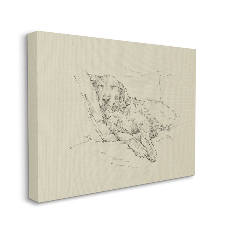 Croquis de chien monochromatique décontracté Fluffy Retriever, Toile tendue, H 48 po x l 36 po