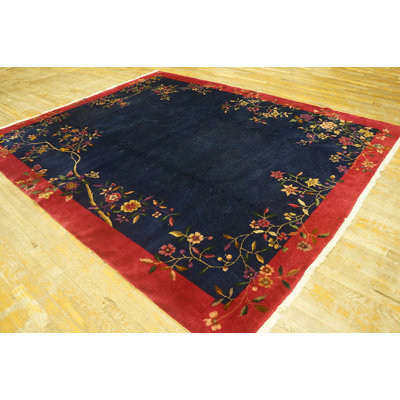 Floral Wool Rectangle Hand Knotted Pile Blue 1920s Antique Rug