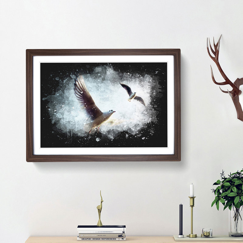 Pair of Flying Seagulls - Picture Frame Graphic Art Print, Walnut Framed, 45cm H x 63cm W x 2cm D